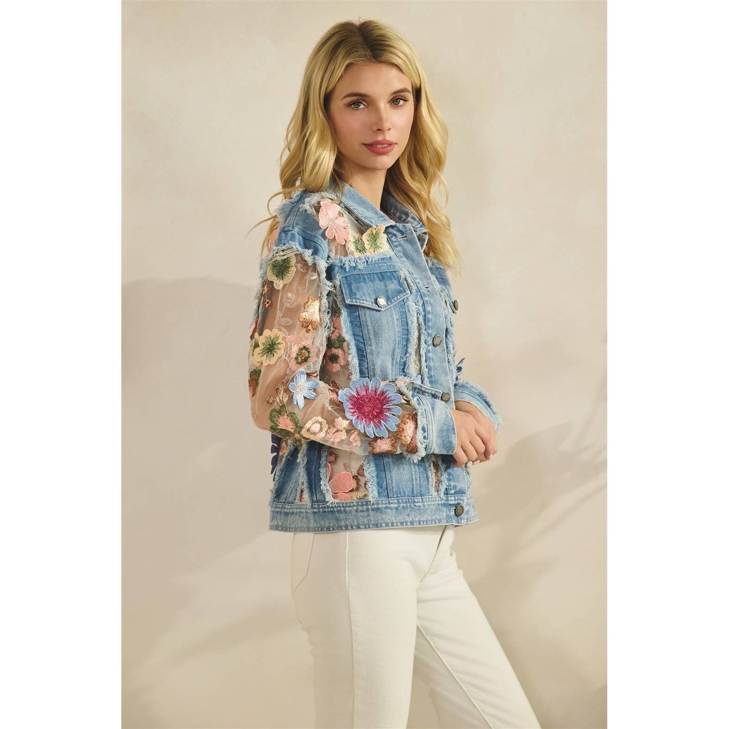 Denim Jacket with Floral Organza Inset