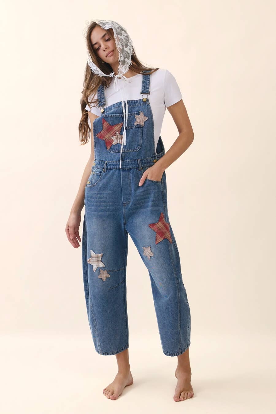 Star Patch Denim Barrel Overall: WASHED DENIM