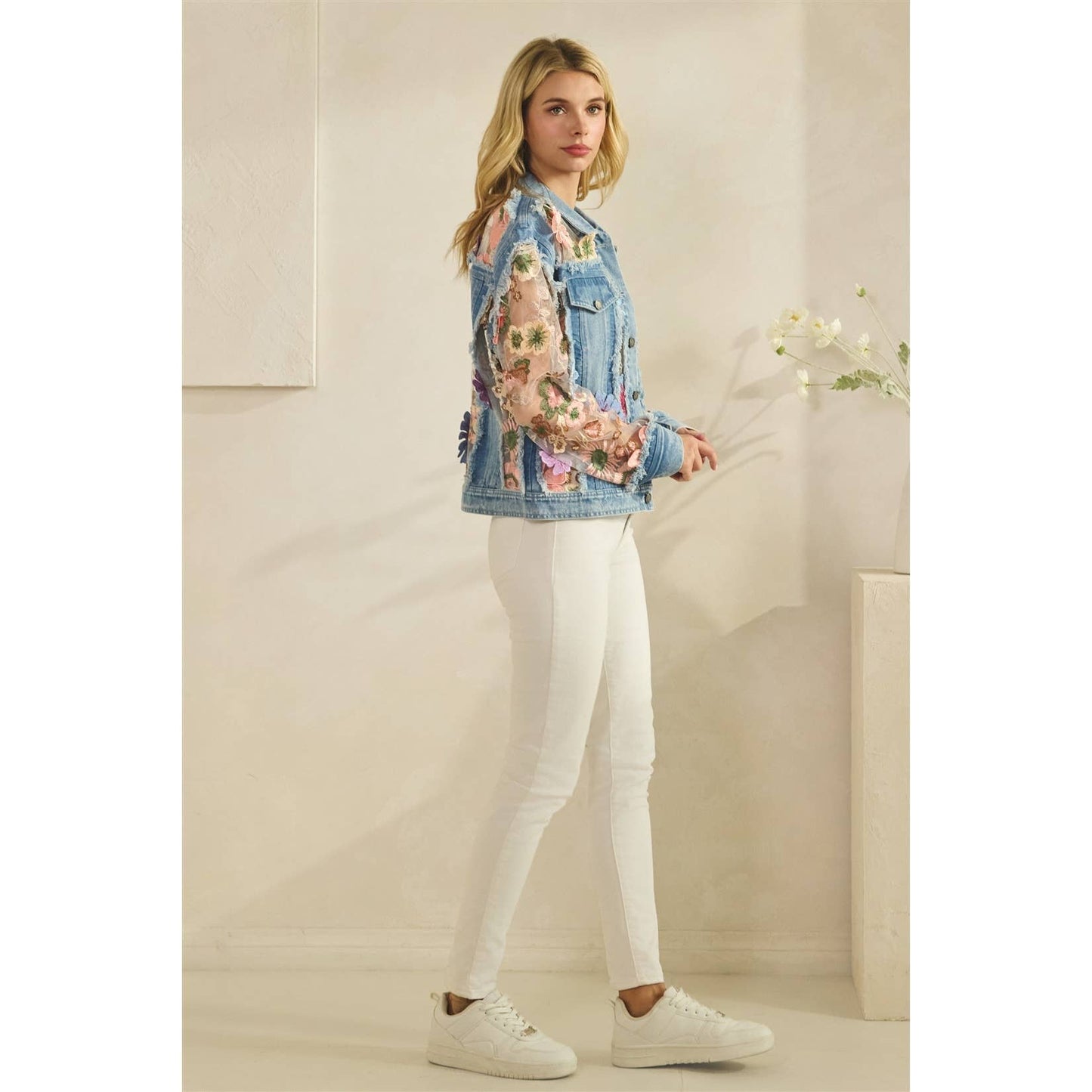 Denim Jacket with Floral Organza Inset