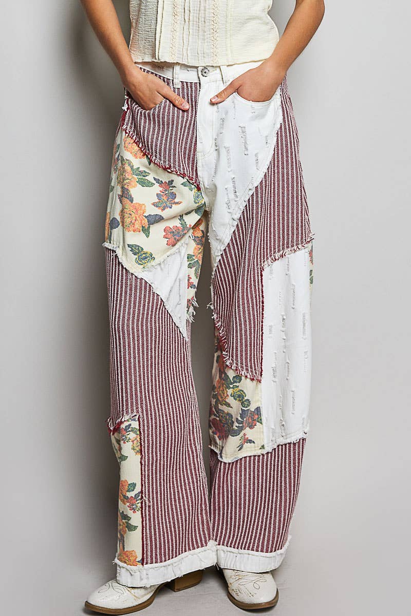 Stripe Patch Back Elastic Band Twill High Rise Wide Pants
