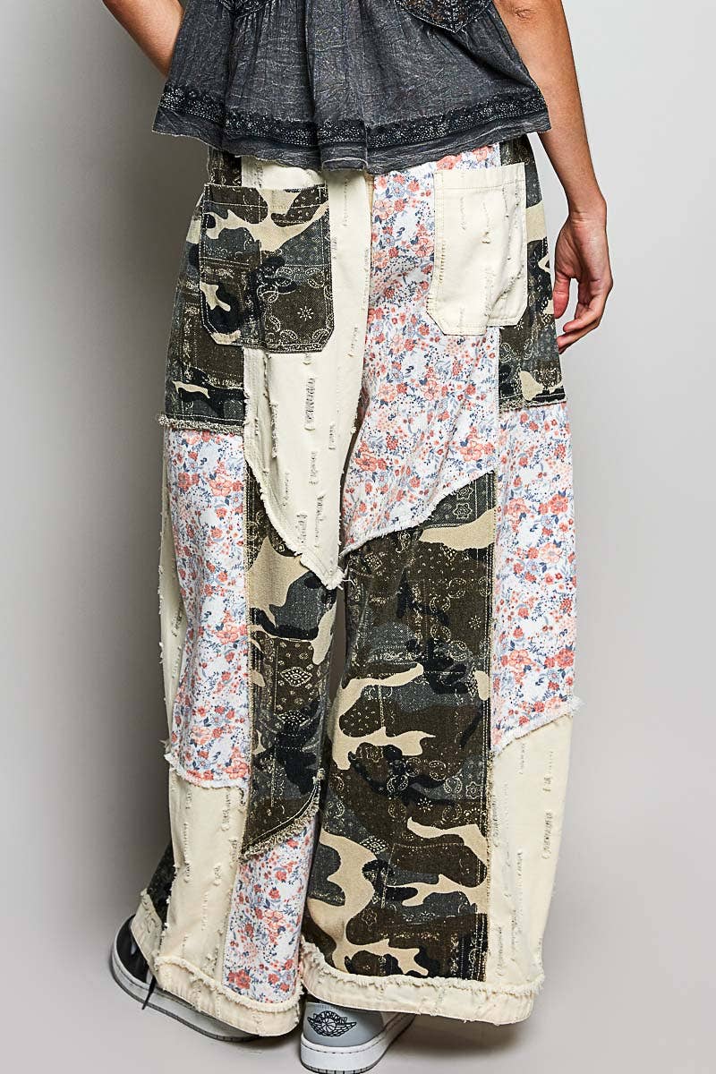 Stripe Patch Back Elastic Band Twill High Rise Wide Pants
