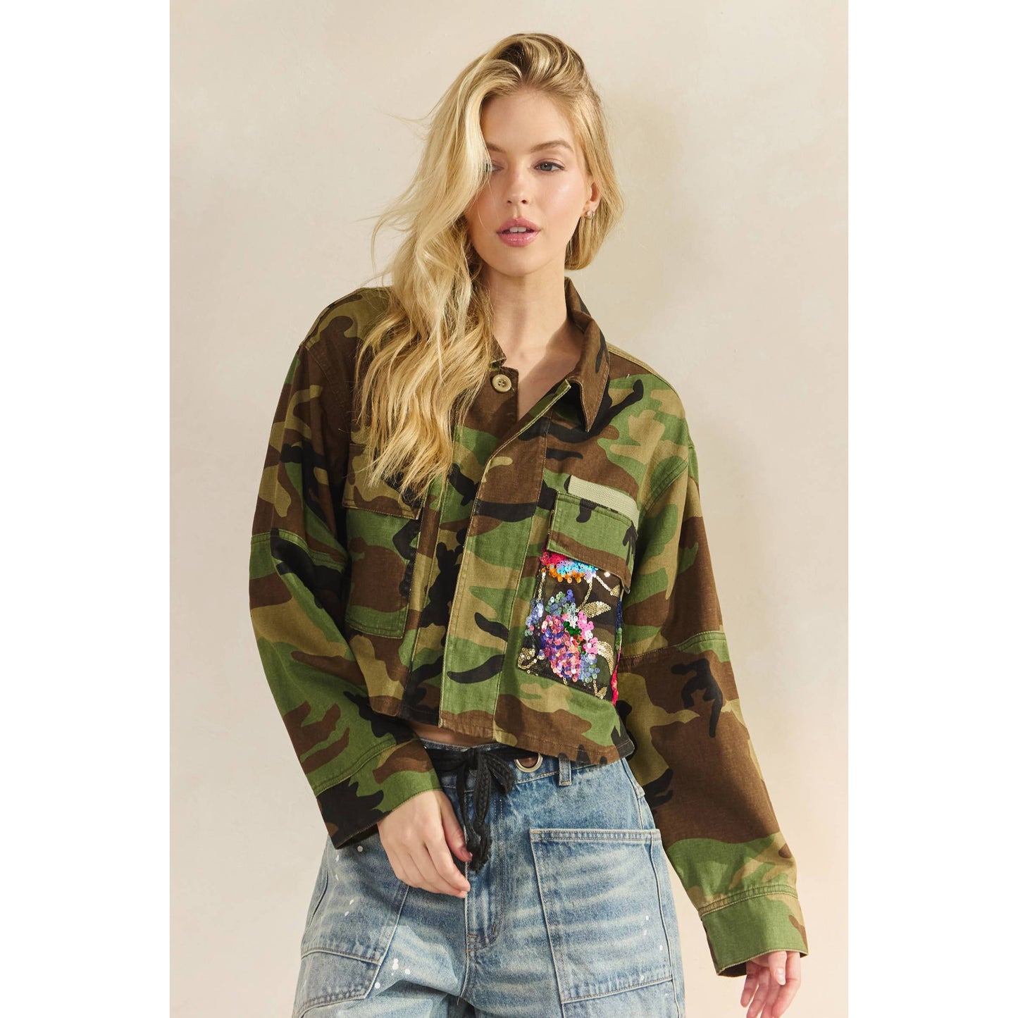 Camo Contrast Jacket: Camo Sequin